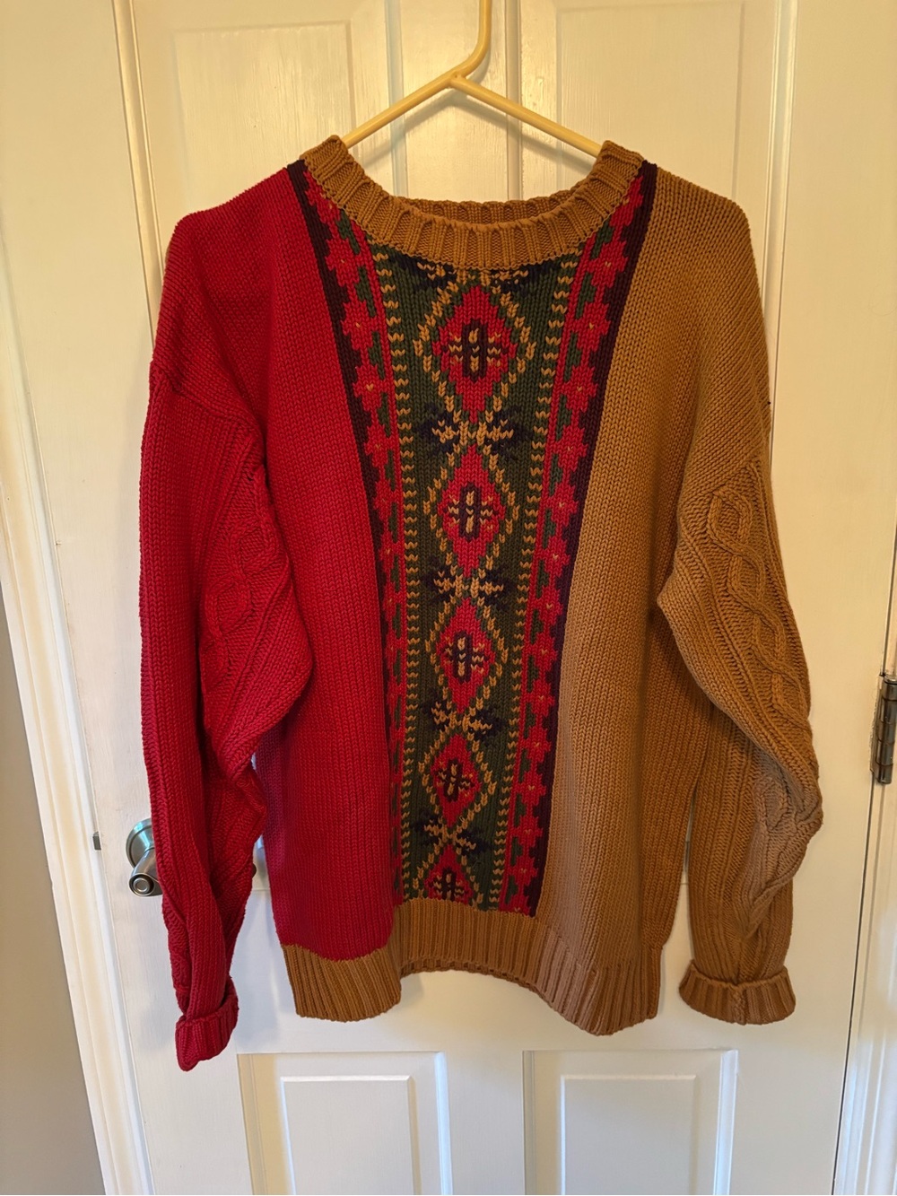 Tommy Hilfiger Red & Brown Colorblock Crewneck Sweater with Patterned Panel